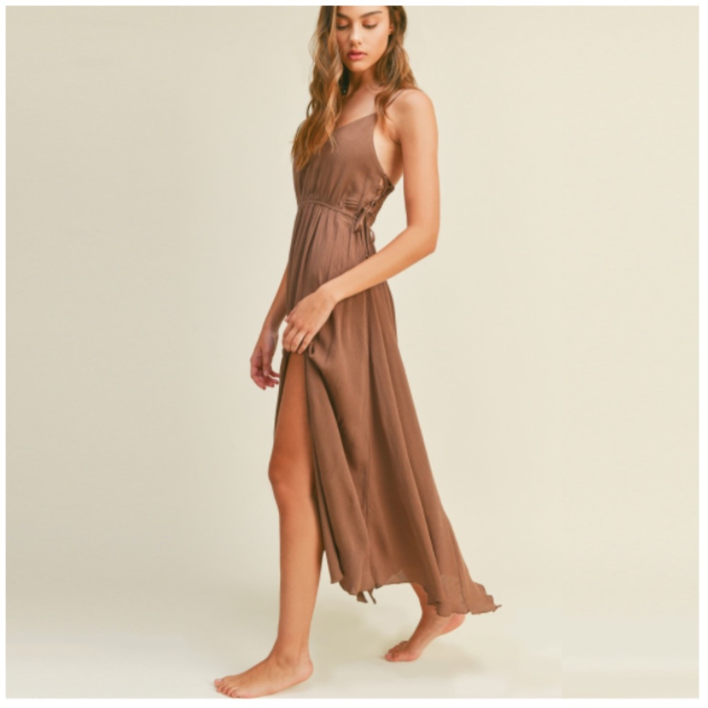 NEW MOCHA Maxi/Midi Woven Dress Sharkbite Asymmetrical Hem w/Side Lace Up- S-M-L